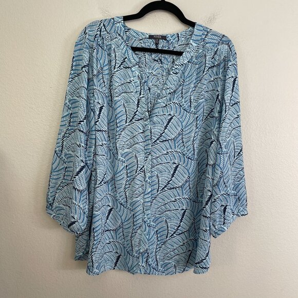 NYDJ Womens Plus 1X Blue Button Up Blouse Long Sleeve V Neck Shirt Pleated Back - Picture 7 of 10